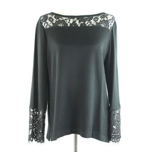 Ming Wang Black Sheer Lace Trim Boatneck Long Sleeve Lace Cuff Top S